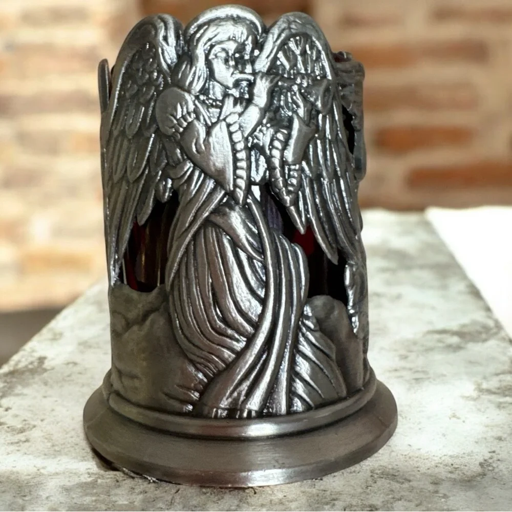 Vintage pewter candle or votive holder with angels